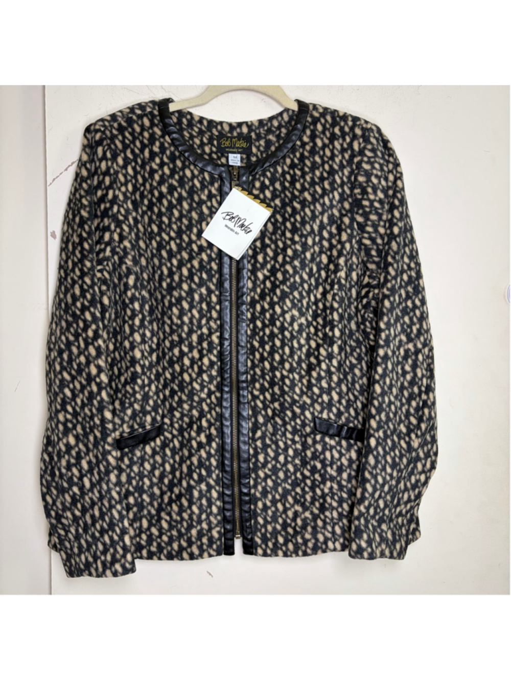 Bob Mackie Wearable Art Printed Fleece Jacket Faux Leather Animal Print M NWT